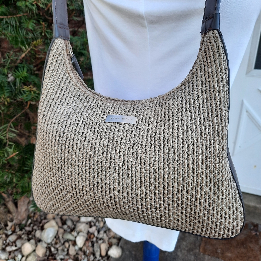 Vintage Y2K Nine West Woven Hobo Shoulder Bag Purse Taupe Retro Boho Medium